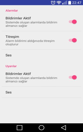 Alarm ve uyarı bildirimleri, titreşim ve ses seçenekleri